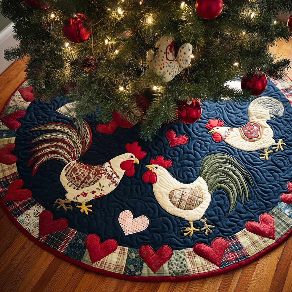 Chicken Bloom Christmas Quilted Tree Skirt