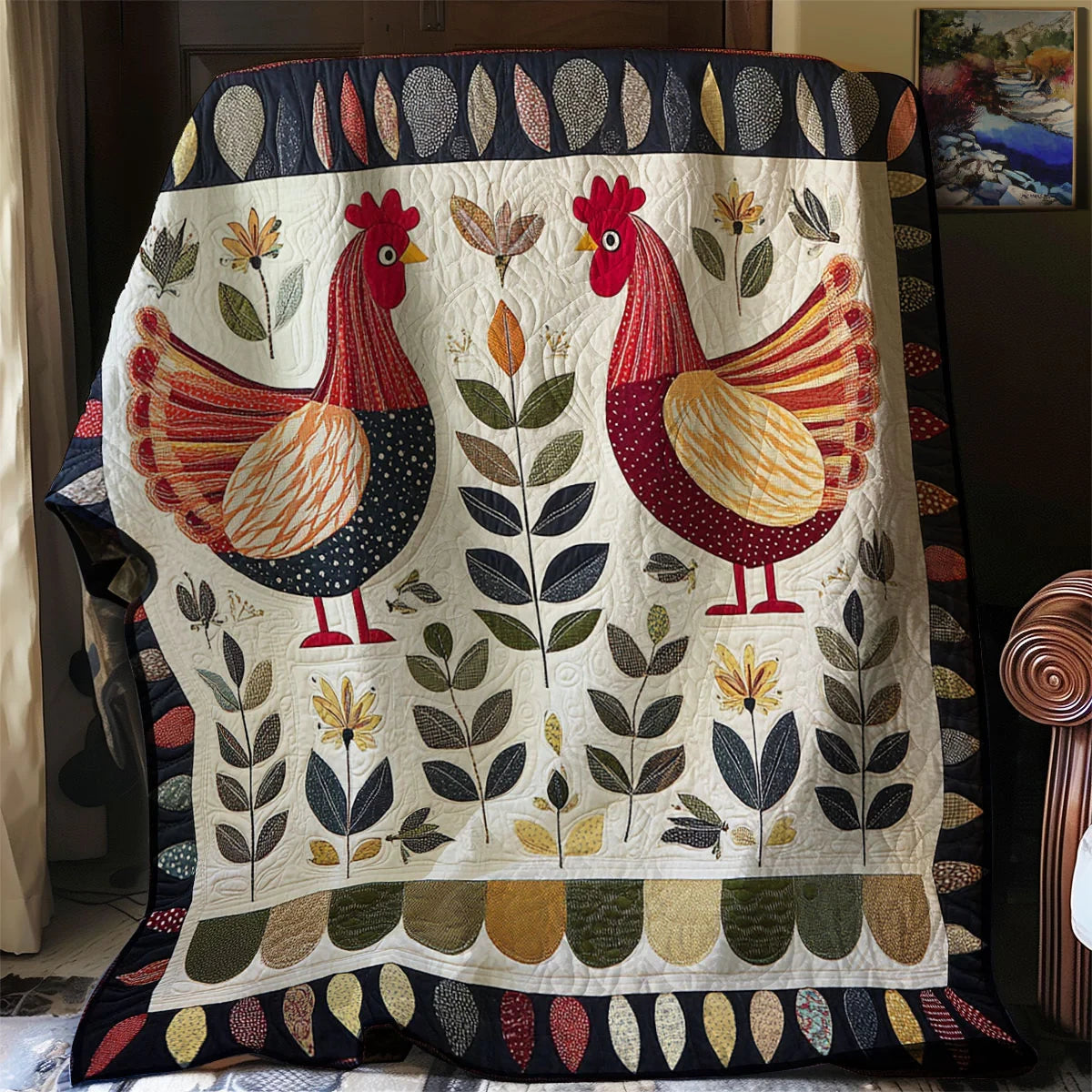 Chicken Folk Art Farmyard Quilt Blanket