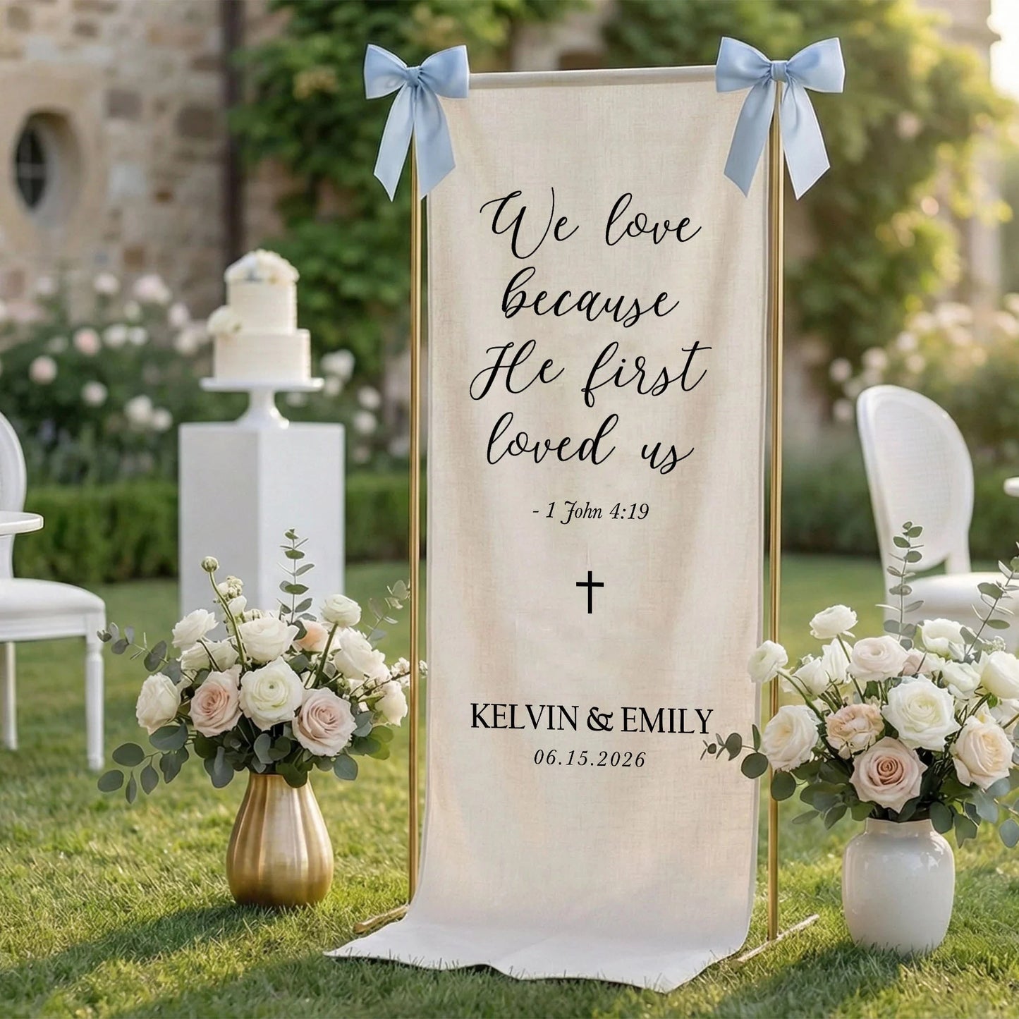 Christian Wedding Banner Personalized Bible Verse Wedding Backdrop Custom Name Wedding Decor (view 2)