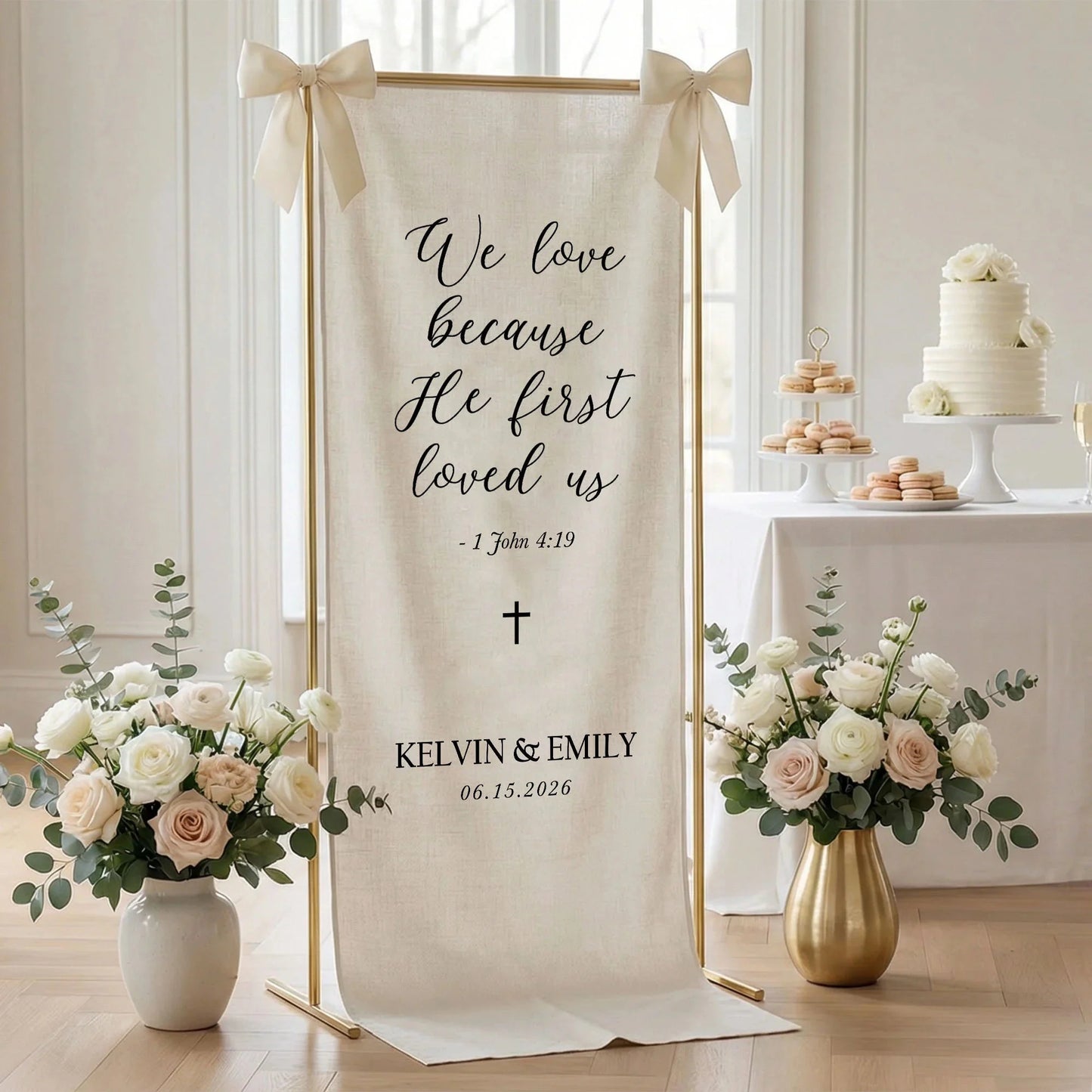 Christian Wedding Banner Personalized Bible Verse Wedding Backdrop Custom Name Wedding Decor (view 3)