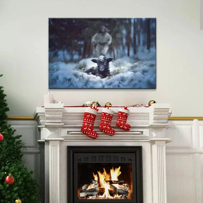 jesus running to rescue a lost sheep in a snowy forest wall art canvas (Landscape)