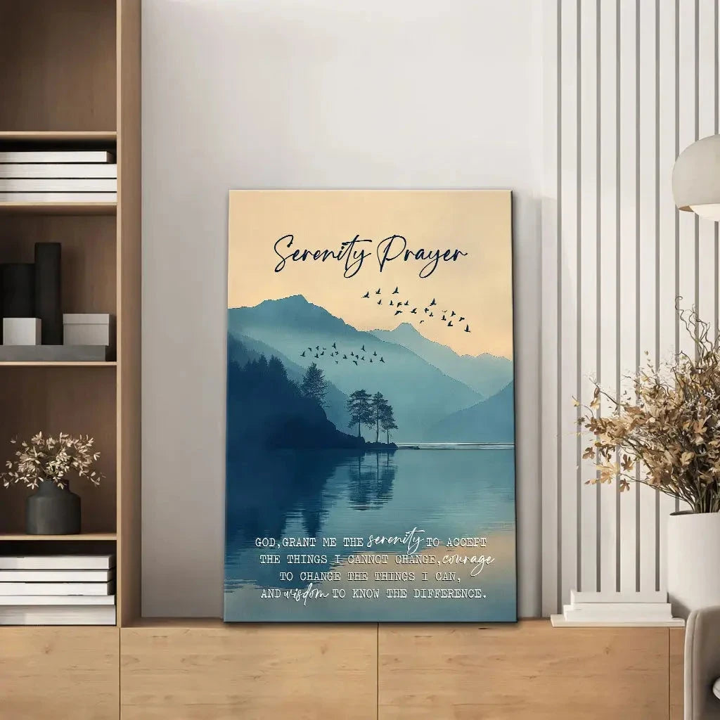 christian wall art serenity prayer canvas peaceful mountain lake decor for home (view 2)