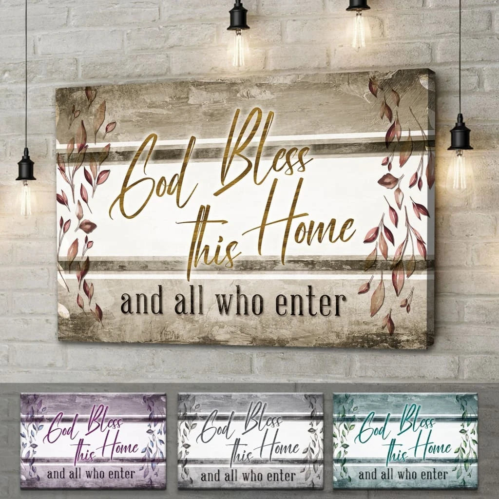 god bless this home and all who enter wall art canvas christian wall decor (Landscape) (view 2)