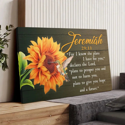 jeremiah 29 11 for i know the plans i have for you hummingbird sunflower wall art canvas (Landscape) (view 3)