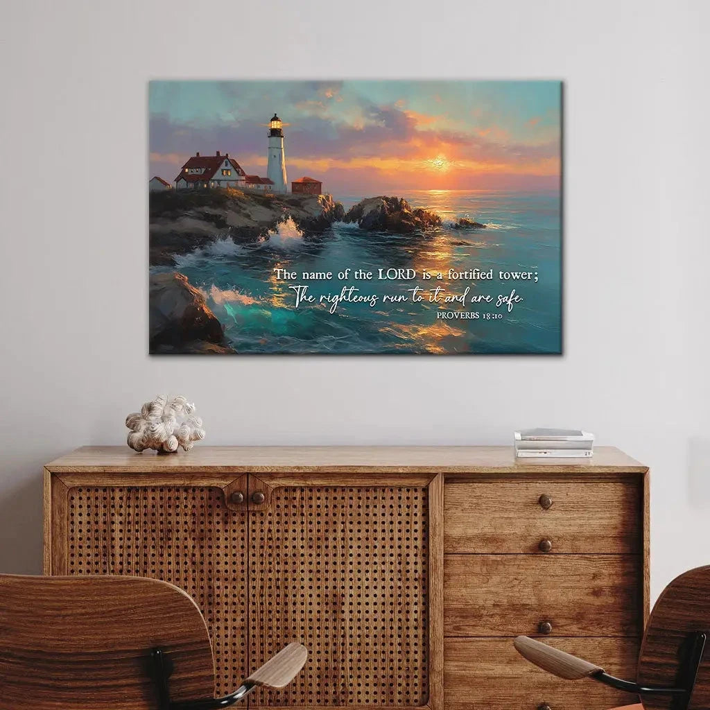 the name of the lord is a fortified tower proverbs 18 10 wall art canvas (Landscape) (view 2)