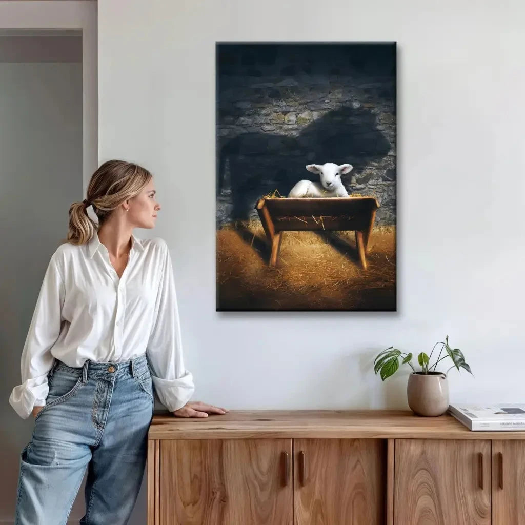 the lamb of god in the manger lion and lamb nativity scene christian wall art canvas (view 2)