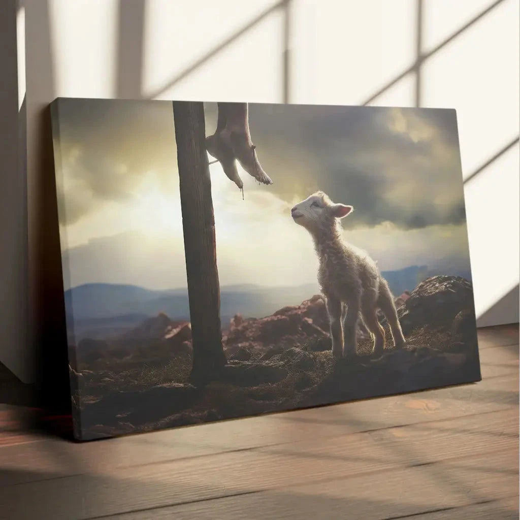 lamb looking up at feet of jesus wall art canvas (Landscape)
