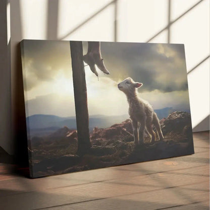 lamb looking up at feet of jesus wall art canvas (Landscape)