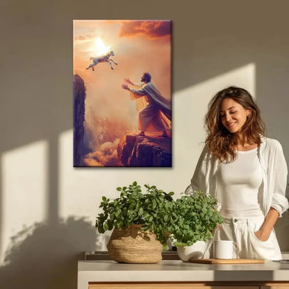 christian wall art lamb jumps to jesus canvas print (Landscape)
