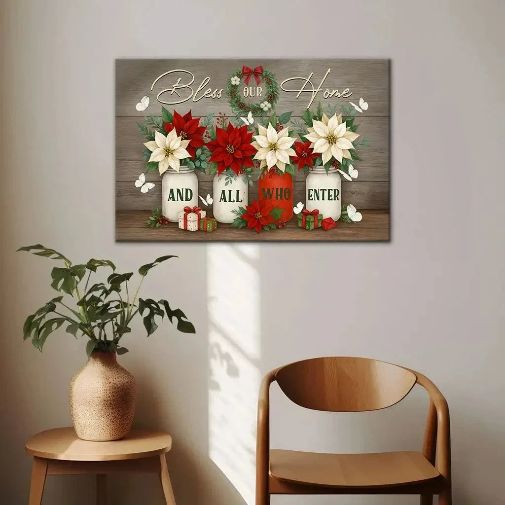 bless our home and all who enter wall art canvas christian christmas decoration (Landscape) (view 5)