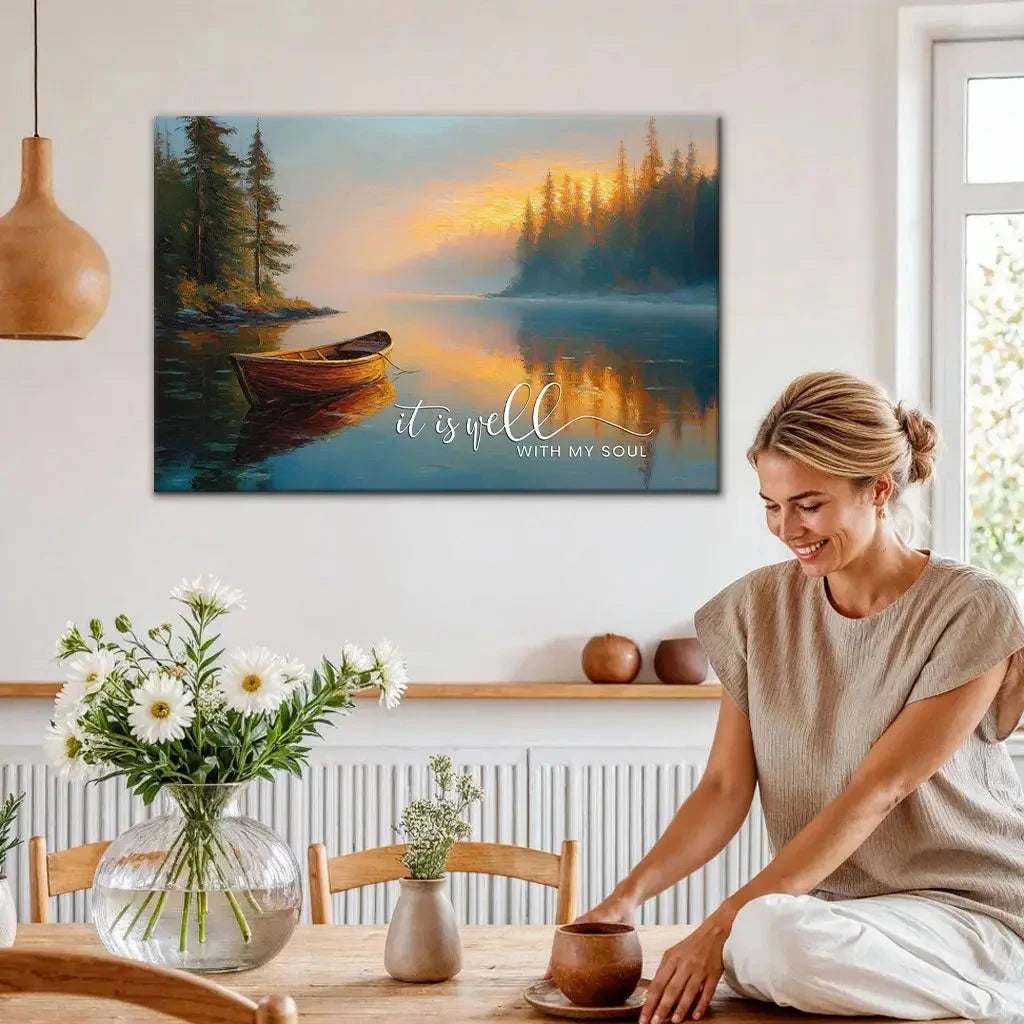 it is well with my soul tranquil lake sunrise christian wall art canvas (Landscape)