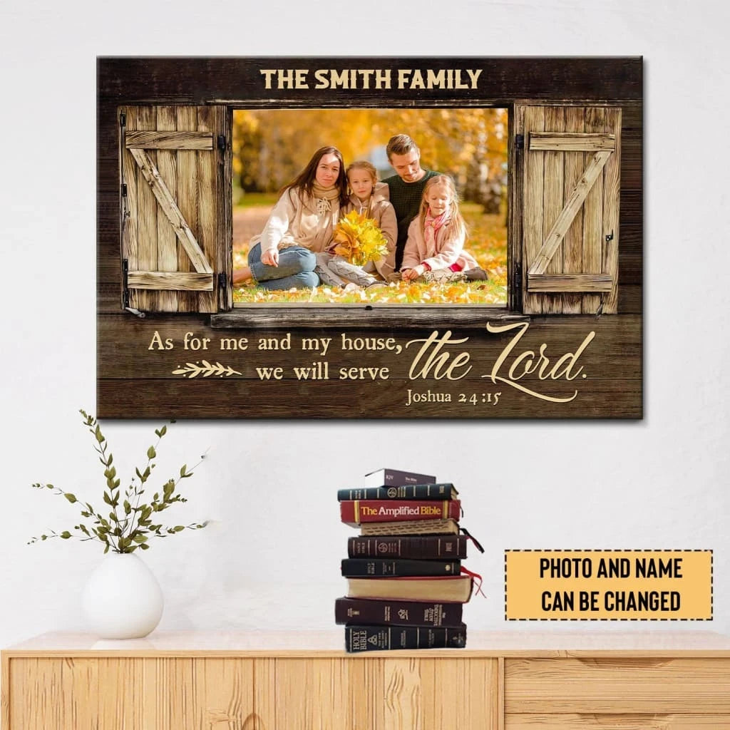 personalized joshua 24 15 as for me and my house wall art canvas with custom family name and photo (Landscape) (view 3)