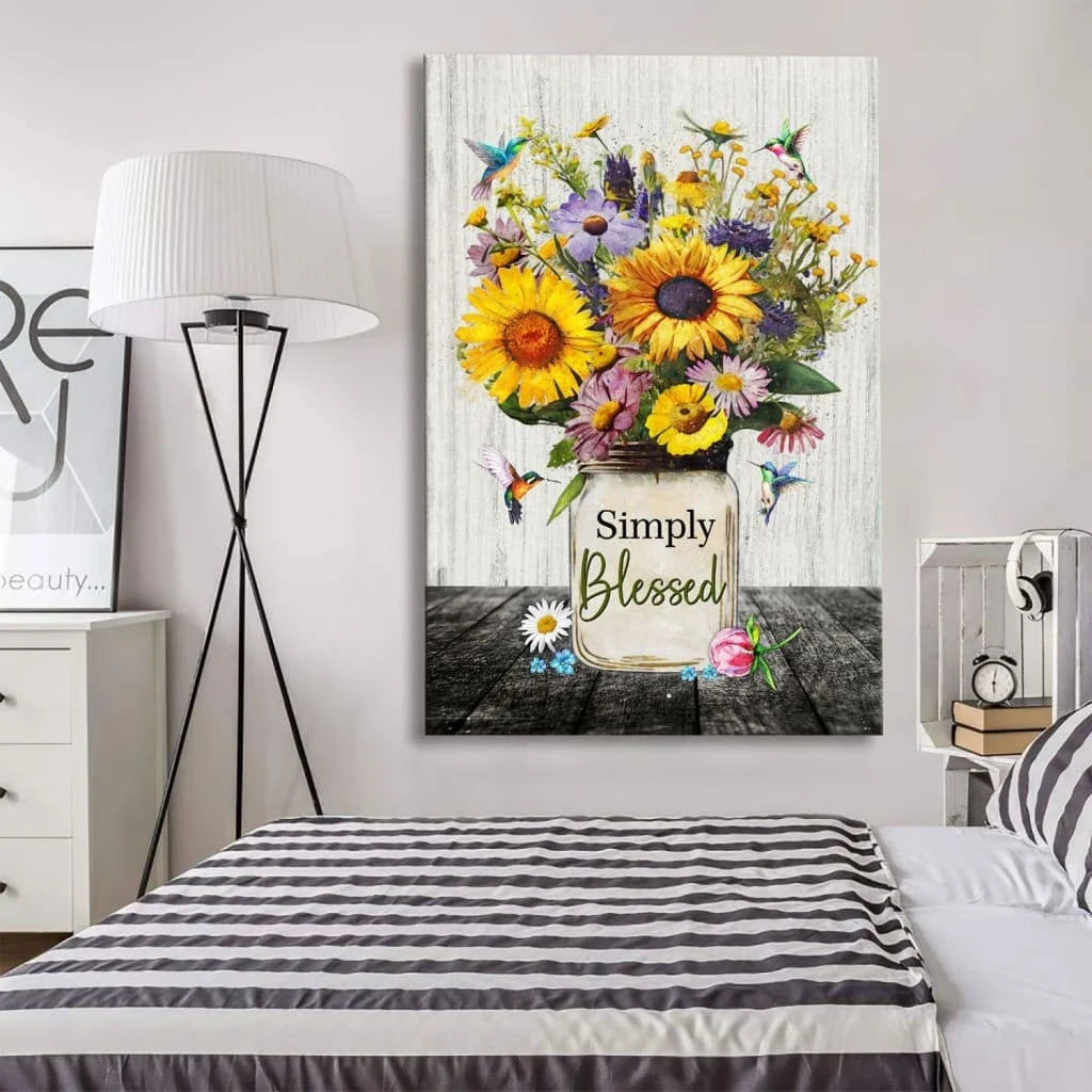 simply blessed hummingbirds and flowers in vase christian wall art canvas