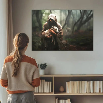 jesus carrying lost sheep wall art canvas (Landscape) (view 7)