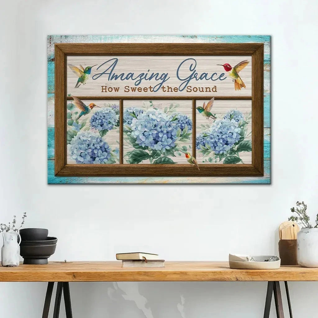 amazing grace how sweet the sound hummingbird and hydrangea christian wall art canvas (Landscape) (view 3)