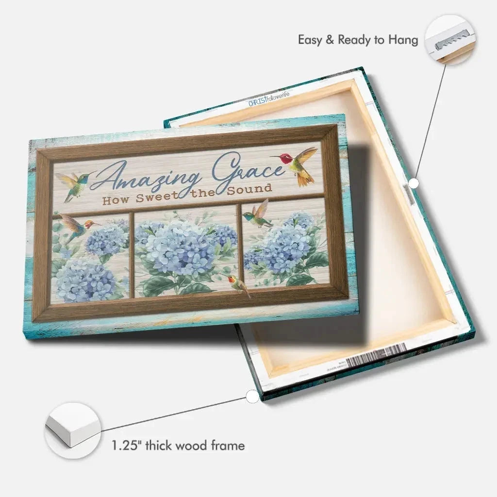 amazing grace how sweet the sound hummingbird and hydrangea christian wall art canvas (Landscape) (view 4)