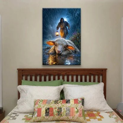 jesus rescues the lost lamb in the storm christian wall art canvas (view 5)