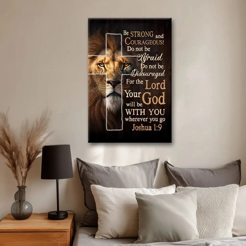 lion of judah joshua 1 9 be strong and courageous christian wall art canvas print (view 3)