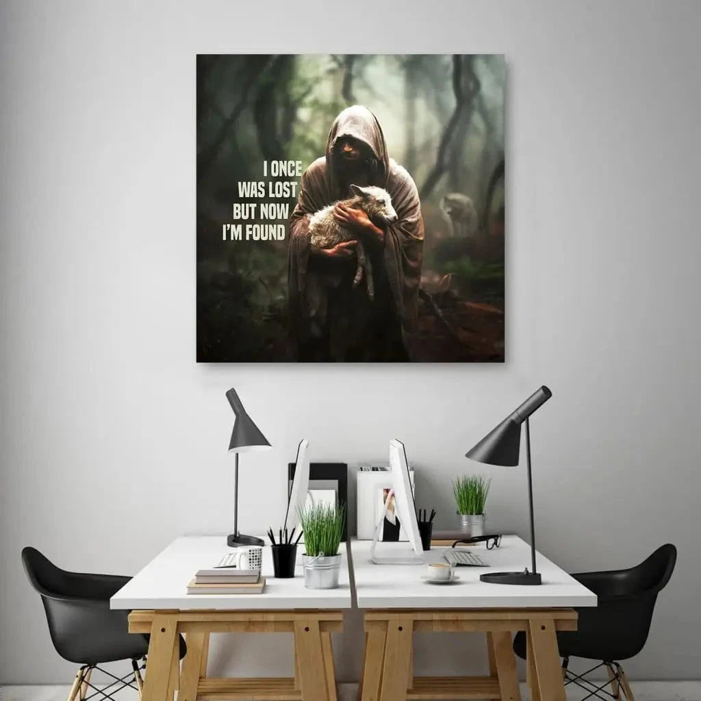 christian wall art canvas i once was lost but now i m found jesus and lost sheep picture (Landscape) (view 3)