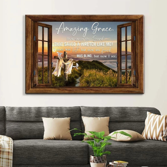 christian wall art amazing grace how sweet the sound cross mountain canvas print (Landscape)