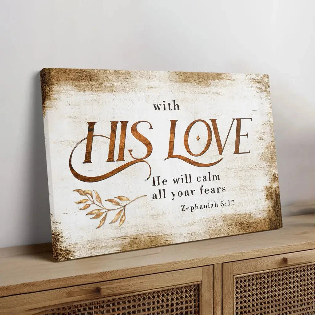 rustic zephaniah 3 17 with his love he will calm all your fears christian wall art canvas (Landscape) (view 3)