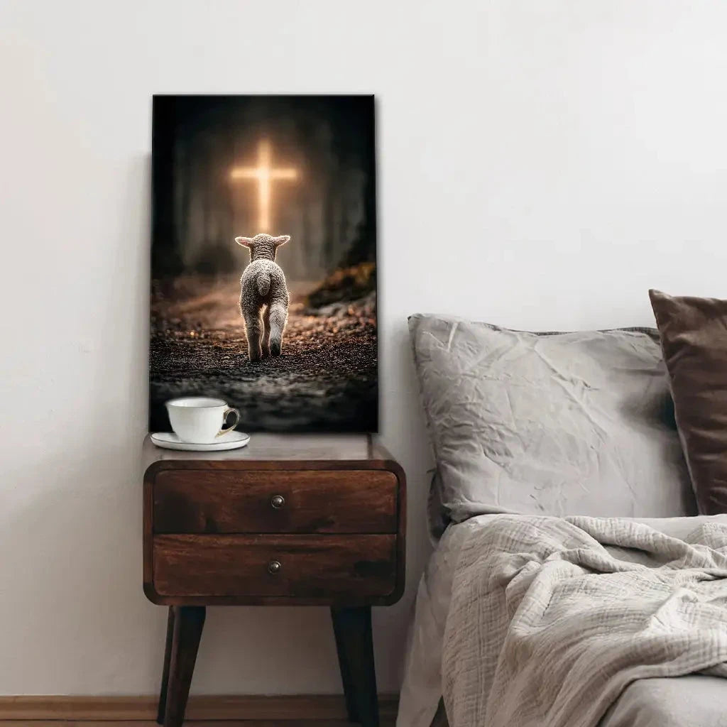 lamb walking toward the glowing cross christian wall art canvas (view 3)