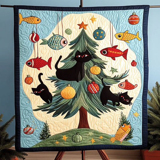 Christmas Catch Black Cat Quilt Blanket