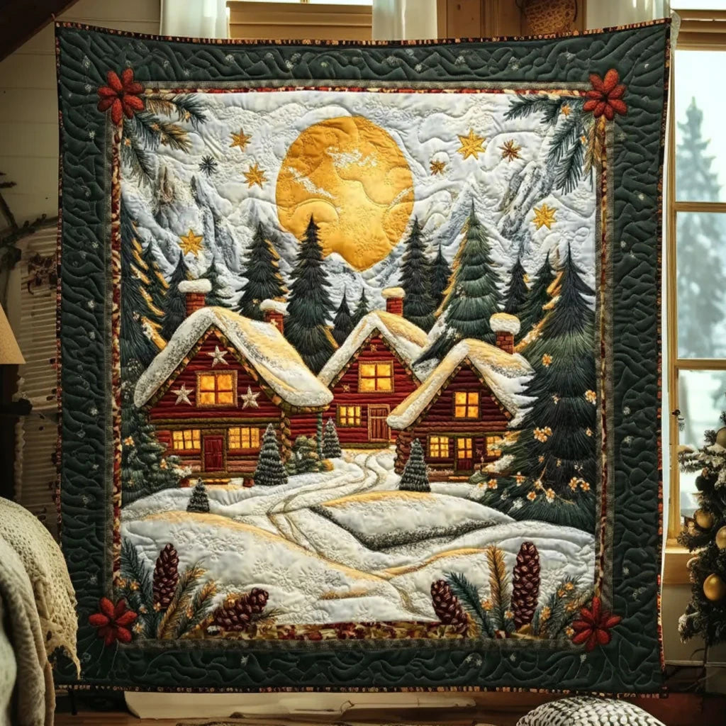 Christmas Eve Forest Cabin Quilt Blanket