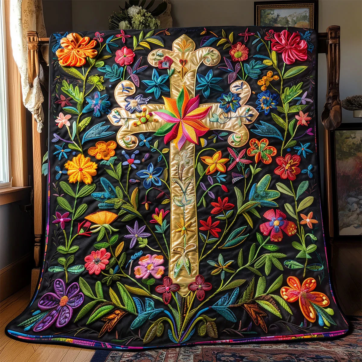 Colorful Flower Cross Quilt Blanket