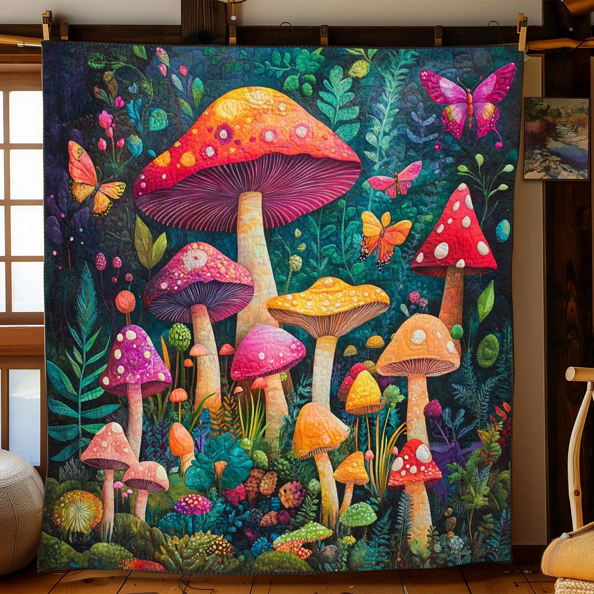 Colorful Mushroom Forest Quilt Blanket