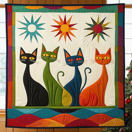Colorful Whimsical Cat Quilt Blanket