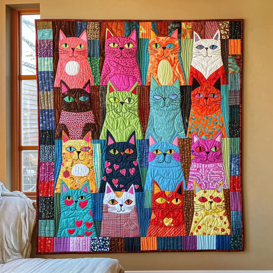 Colorful Whimsical Cats Quilt Blanket