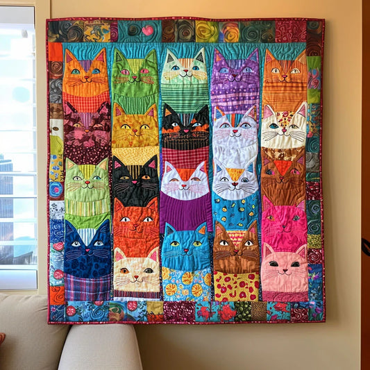 Colorful Whimsical Cats Quilt Blanket