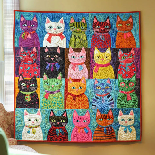 Colorful Whimsical Cats Quilt Blanket