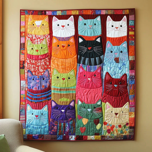 Colorful Whimsical Cats Quilt Blanket