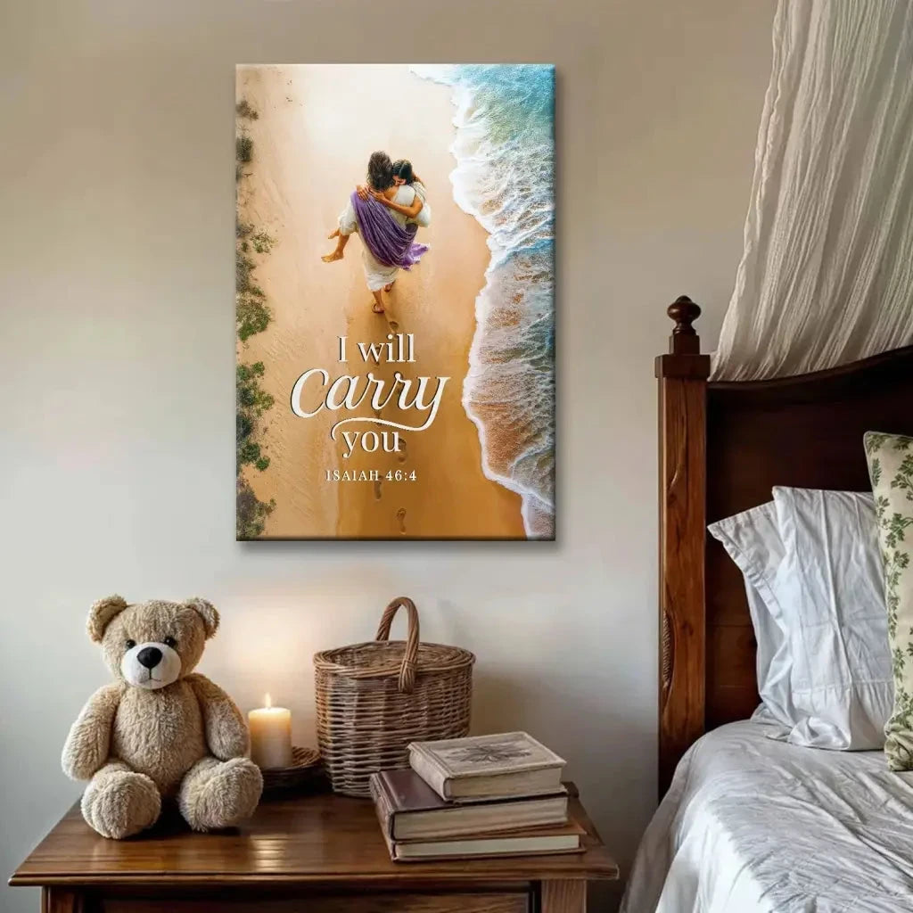i will carry you jesus carrying a woman isaiah 46 4 christian canvas wall art (view 3)
