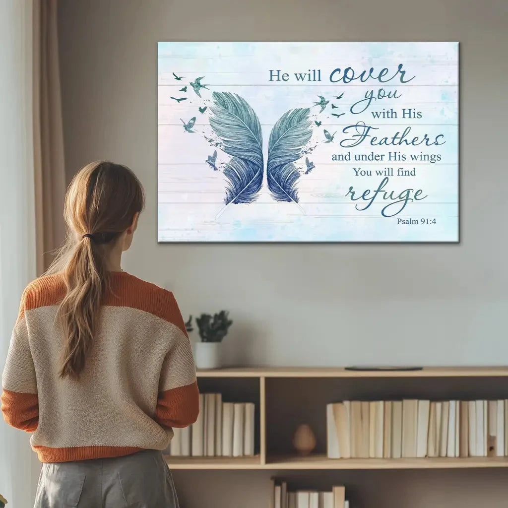 he will cover you with his feathers psalm 91 4 bible verse wall art canvas (Landscape)