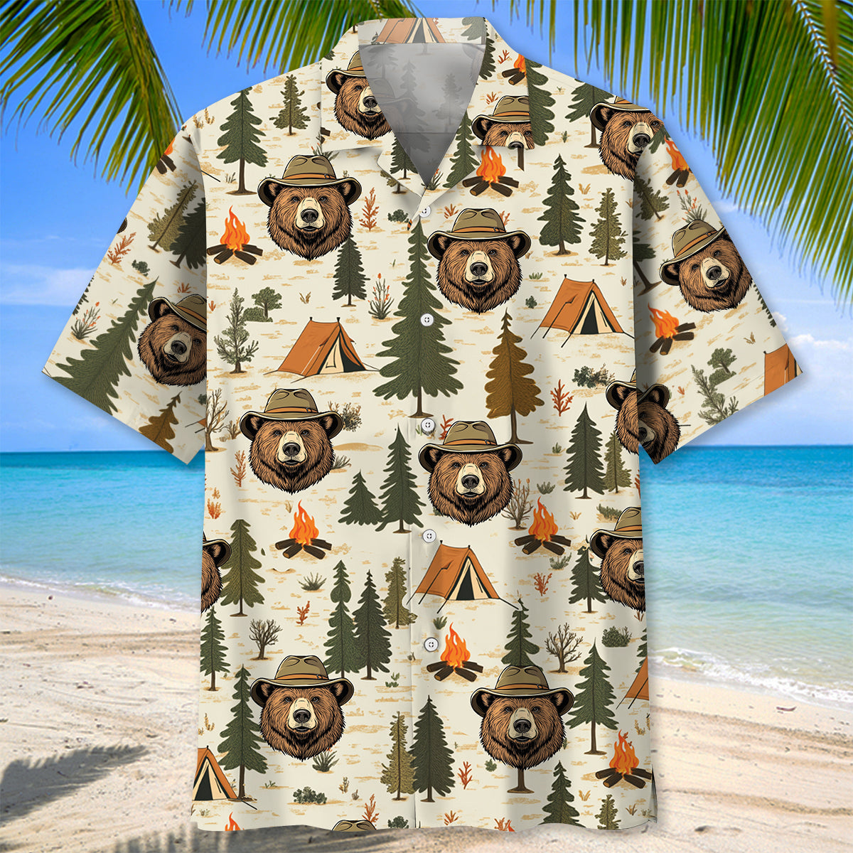 Cool Bear Camping Hawaiian Shirt - L - hawaiian shirt