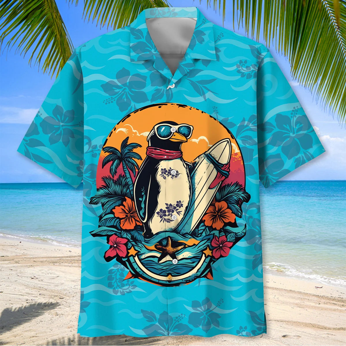 Cool Penguin Surfing Hawaiian Shirt