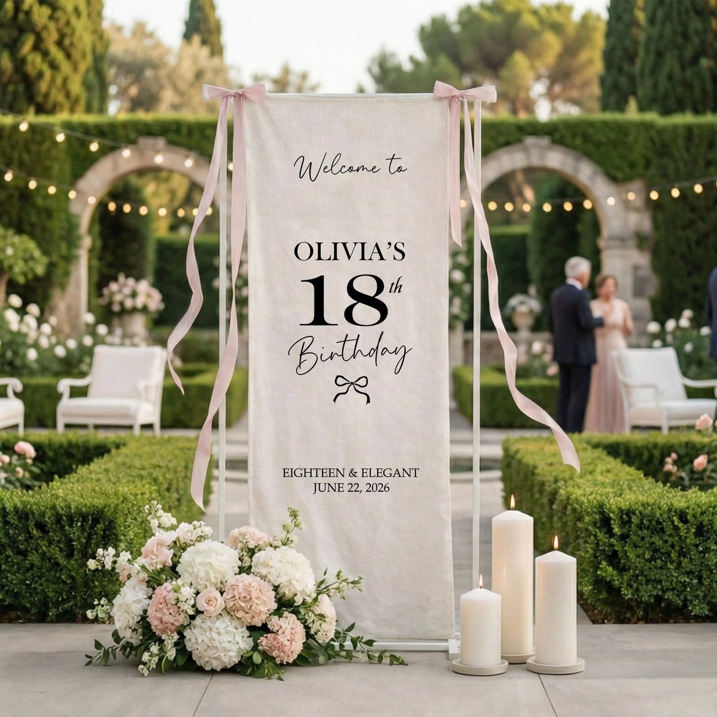 Coquette 18th Birthday Banner Stand Personalized Custom Name Welcome Sign Eighteen Elegant Linen