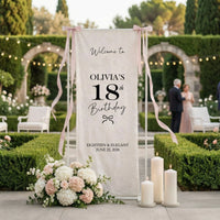 Coquette 18th Birthday Banner Stand Personalized Custom Name Welcome Sign Eighteen Elegant Linen