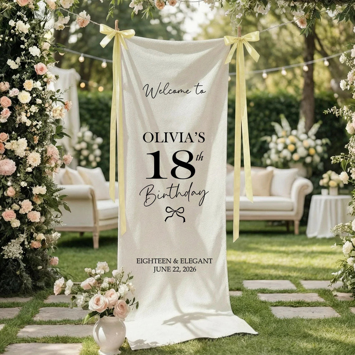 Coquette 18th Birthday Banner Stand Personalized Custom Name Welcome Sign Eighteen Elegant Linen