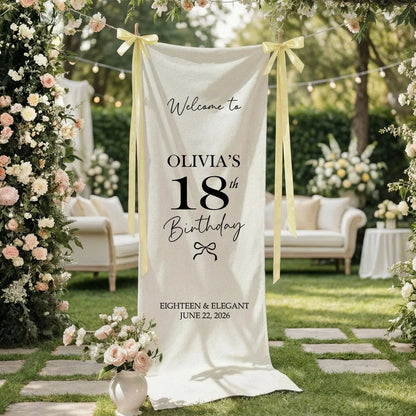Coquette 18th Birthday Banner Stand Personalized Custom Name Welcome Sign Eighteen Elegant Linen