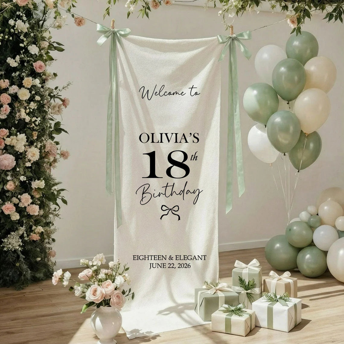 Coquette 18th Birthday Banner Stand Personalized Custom Name Welcome Sign Eighteen Elegant Linen