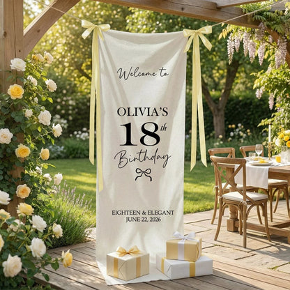 Coquette 18th Birthday Banner Stand Personalized Custom Name Welcome Sign Eighteen Elegant Linen