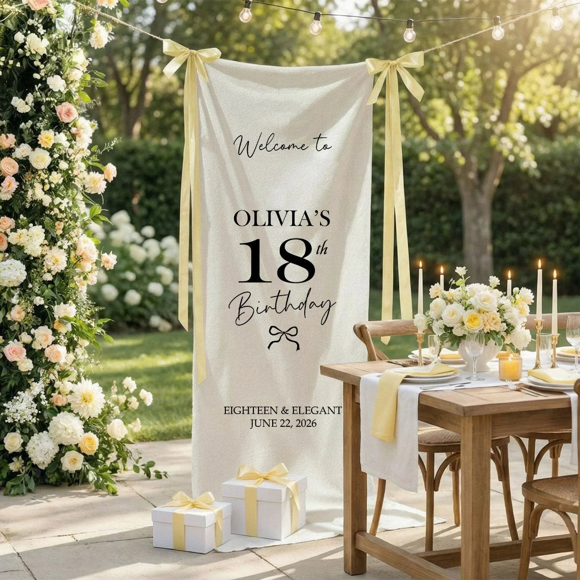 Coquette 18th Birthday Banner Stand Personalized Custom Name Welcome Sign Eighteen Elegant Linen
