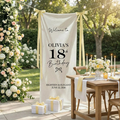 Coquette 18th Birthday Banner Stand Personalized Custom Name Welcome Sign Eighteen Elegant Linen