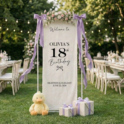Coquette 18th Birthday Banner Stand Personalized Custom Name Welcome Sign Eighteen Elegant Linen