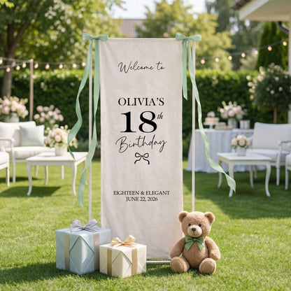 Coquette 18th Birthday Banner Stand Personalized Custom Name Welcome Sign Eighteen Elegant Linen