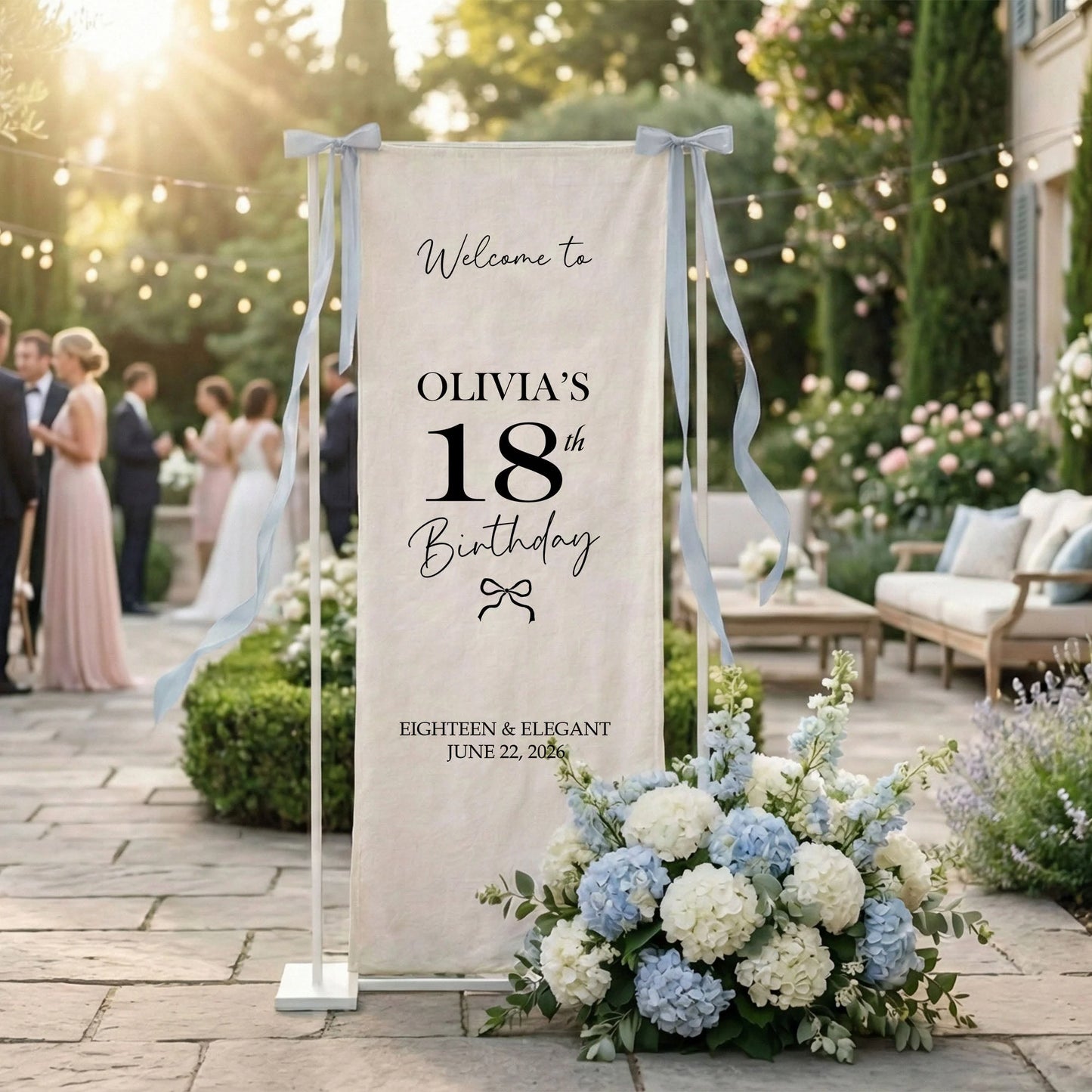 Coquette 18th Birthday Banner Stand Personalized Custom Name Welcome Sign Eighteen Elegant Linen